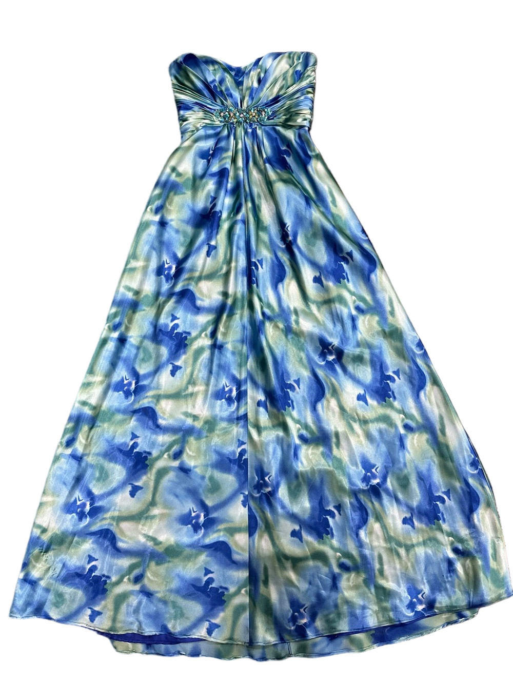 Vintage Y2K Caché Strapless Watercolor Floral Jeweled Maxi Prom dress